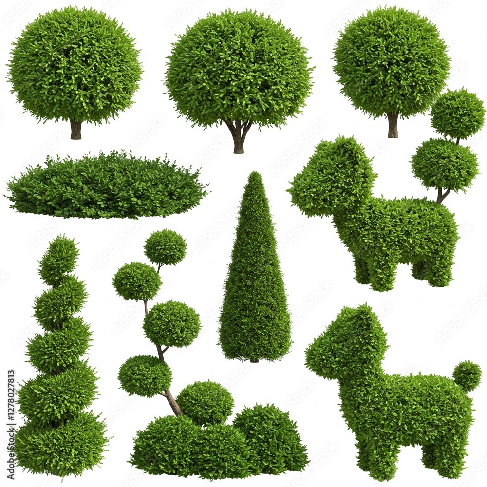 Naklejka premium Vibrant green topiary shapes, including spheres, spirals, and tiered designs, perfect for garden decor and landscaping inspiration.