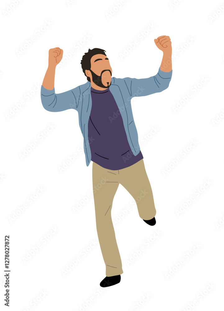 Excited businessman celebrating victory with his arms in the air. Handsome male character wearing smart casual office outfit in winning pose. Vector realistic illustration isolated. Excited businessman celebrating victory with his arms in the air. Handsome male character wearing smart casual office outfit in winning pose. Vector realistic illustration isolated.