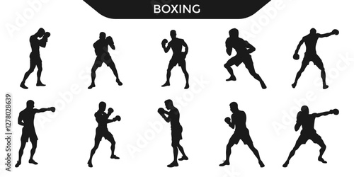 Wallpaper Mural collection of dynamic boxer silhouettes in various fighting poses, showcasing strength, agility, and determination. Perfect for sports designs, fitness, and martial arts projects. Torontodigital.ca