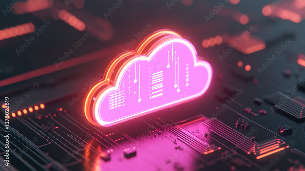 Futuristic neon cloud technology with data visualization on circuit board Futuristic neon cloud technology with data visualization on circuit board