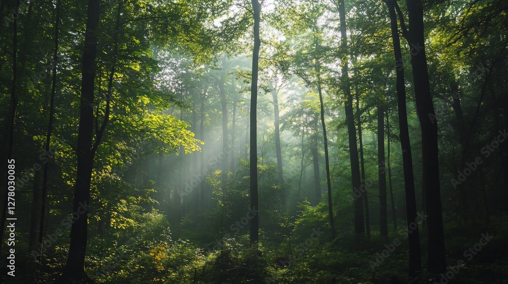Fototapeta premium Sunbeams pierce through misty forest, illuminating lush green canopy and tree trunks.