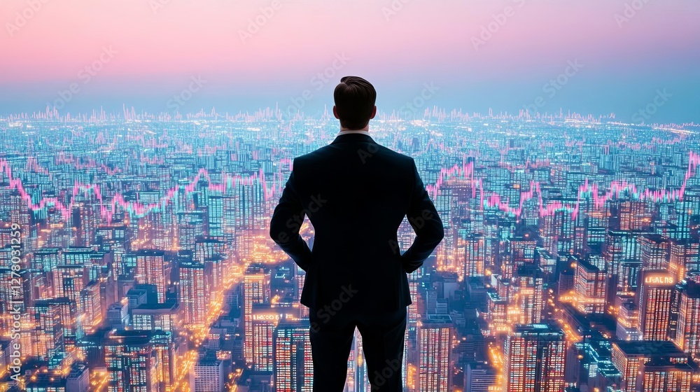 A CEO overlooking a vast financial cityscape built from stock charts A CEO overlooking a vast financial cityscape built from stock charts