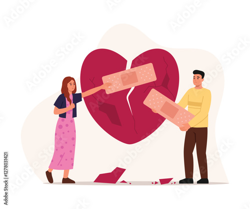 Vector illustration of boy and girl healing a broken heart. Cartoon scene of a girl and a boy resuscitating a broken heart by sticking band-aids, isolated on white background. Saving relationships.