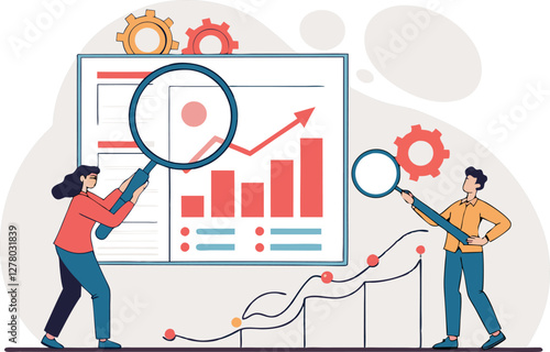 Business illustration concept. Research analysis, insight information, marketing chart diagram, optimization or analyzing data, intelligence discovery, statistics or examine concept, business people.