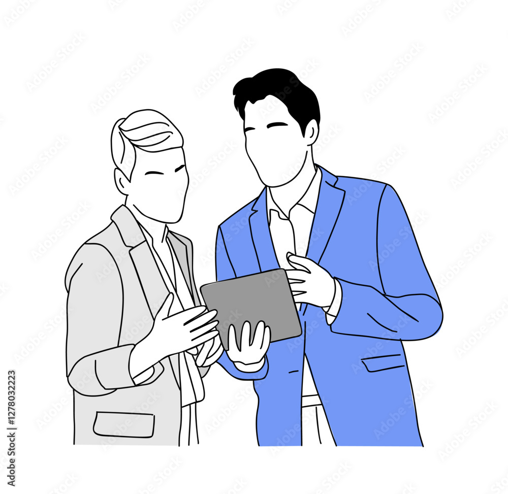 Team work business concept illustration. Man and woman working together, looking to digital tablet. Modern vector simple outline drawing for graphic and web design. Isolated Team work business concept illustration. Man and woman working together, looking to digital tablet. Modern vector simple outline drawing for graphic and web design. Isolated
