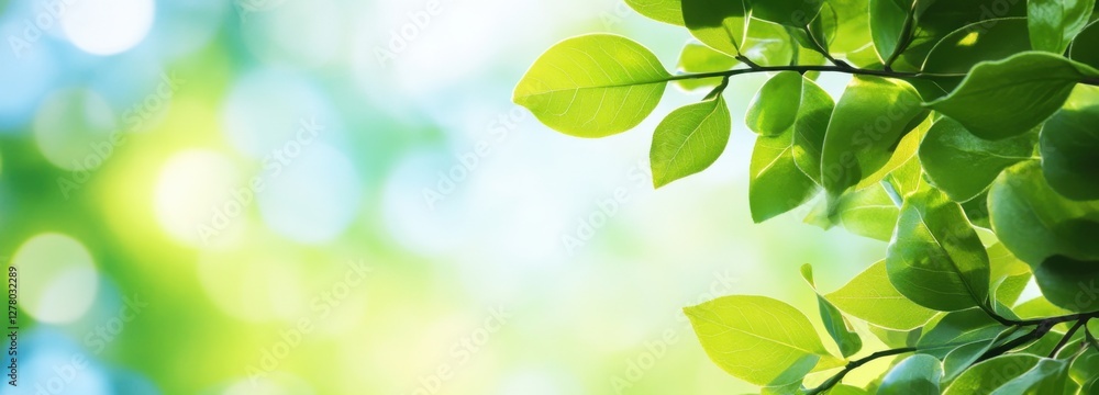 Obraz premium Green leaves and tree branches under clear blue sky on sunny day. Perfect concept for spring outing, syrup season, summer joy, fruit farm. With copy space for text addition.