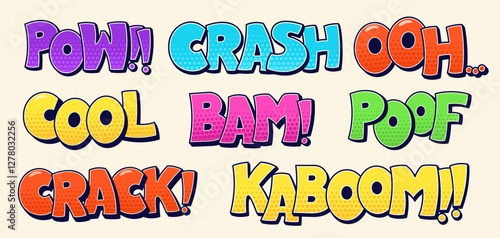 Speech bubbles pack with Ooh Crack Bam Cool worlds and halftone elements. Color cartoon comic illustrations.