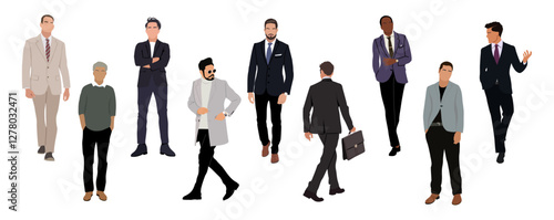 Business men in different poses, walking and standing, wearing formal suits and smart casual outfit, front, side and back view. Multiracial business team. Set of people isolated