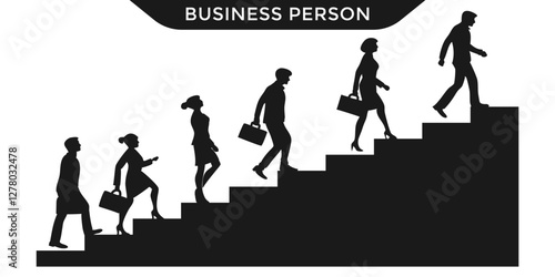Vector illustration of business people silhouettes walking up stairs