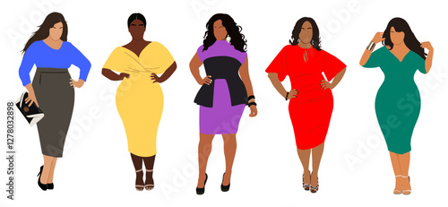 Set of multiracial curvy women in stylish modern dress. Diverse plus size female beauties wearing smart casual business fashion outfit. Vector realistic illustration isolated
