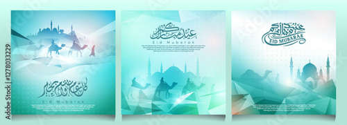 Eid Mubarak set of background for greeting celebration - mosque and arabian camel travel