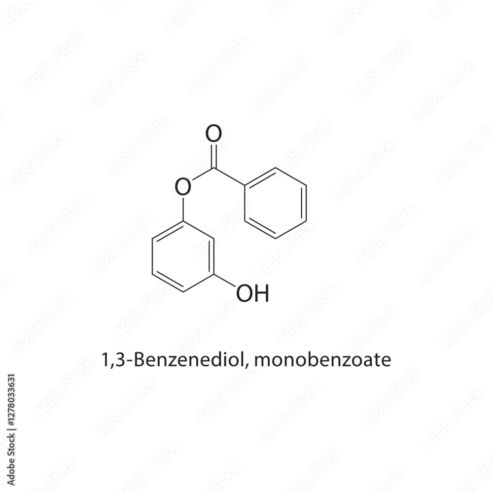1,3-Benzenediol, monobenzoate skeletal structure.Benzoate compound schematic illustration. Simple diagram, chemical formula. 1,3-Benzenediol, monobenzoate skeletal structure.Benzoate compound schematic illustration. Simple diagram, chemical formula.