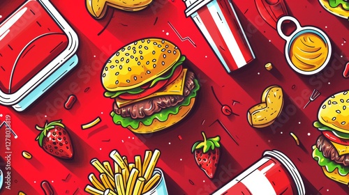 Colorful fast food pattern on red background