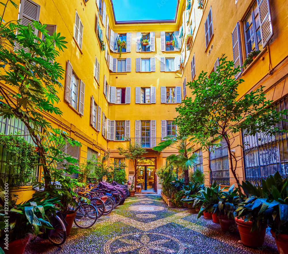 The courtyard of the historic building in Brera district, Milan, Italy