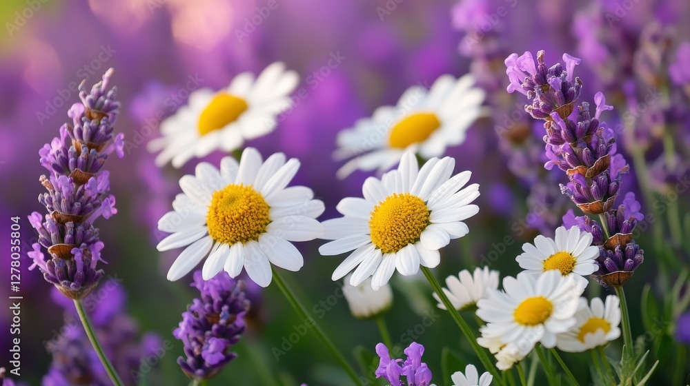 Daisies and Lavender Flowers in a Summer Garden Floral Arrangement Outdoor Still Life Daisies and Lavender Flowers in a Summer Garden Floral Arrangement Outdoor Still Life