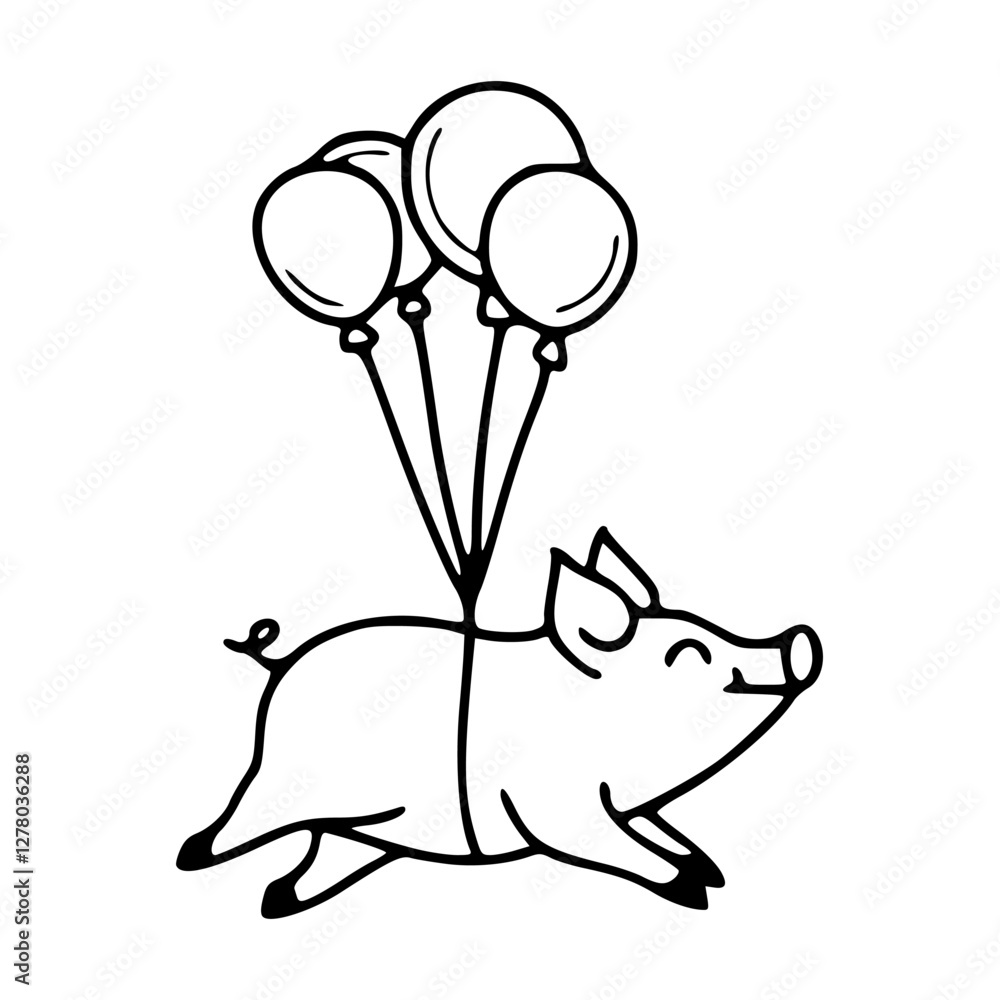 flying happy pig with balloons outline flying happy pig with balloons outline