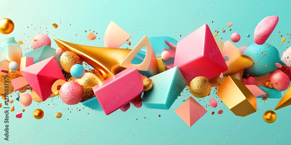 Obraz premium Vibrant 3d Abstract Art with Geometric Shapes and Gold Accents