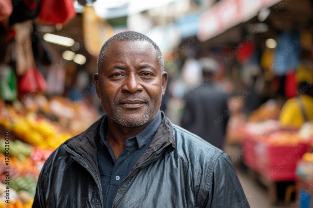 Man stands confidently in a vibrant market filled with colorful fruits and vegetables in a bustling city atmosphere Man stands confidently in a vibrant market filled with colorful fruits and vegetables in a bustling city atmosphere