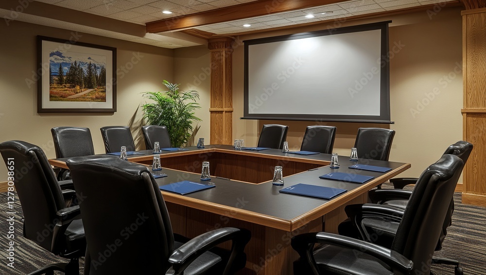 Modern Conference Room: U-Shaped Table, Projector Screen, and Comfortable Chairs for Meetings and Presentations. Modern Conference Room: U-Shaped Table, Projector Screen, and Comfortable Chairs for Meetings and Presentations.
