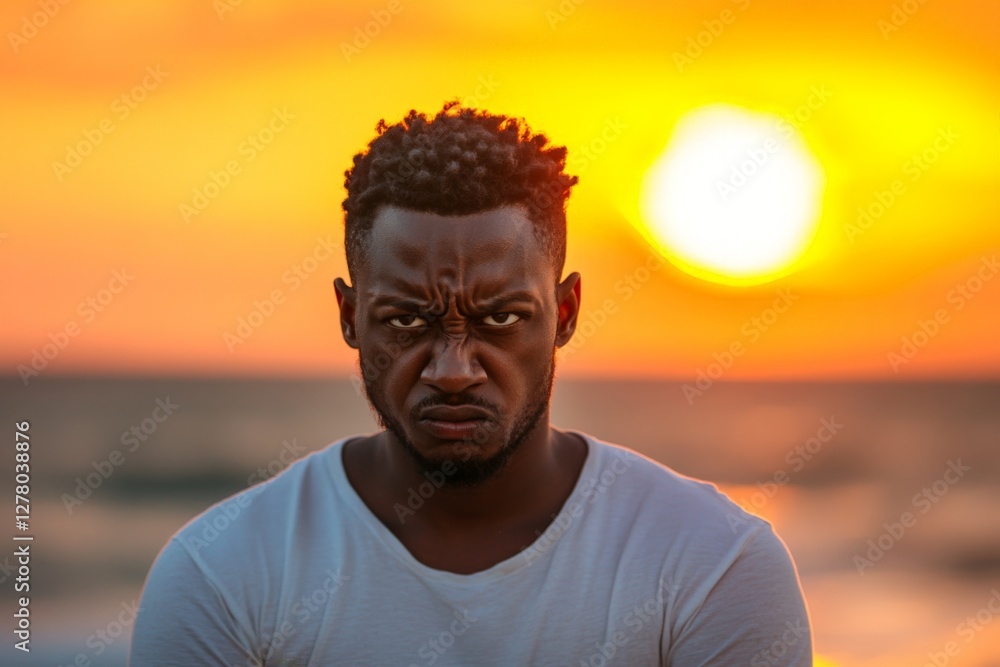 Man expresses strong emotions against a vibrant sunset backdrop during evening relaxation by the ocean Man expresses strong emotions against a vibrant sunset backdrop during evening relaxation by the ocean
