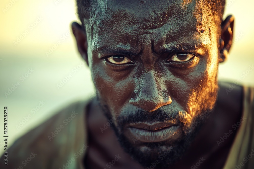 Intense gaze of a man illuminated by sunset against a blurred ocean background Intense gaze of a man illuminated by sunset against a blurred ocean background