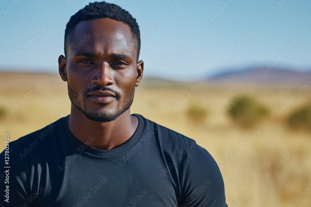 Man poses confidently in a sunlit field during a clear day with distant mountains in the background Man poses confidently in a sunlit field during a clear day with distant mountains in the background