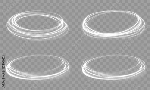 Dynamic white light swirls, high-speed glowing circular motion, transparent background, realistic energy rings, mystical aura, futuristic magic effect, digital spiral light composition, neon glow