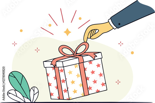 Business illustration concept. Gift reward program, bonus or surprise present for customer, employee reward or lucky prize, birthday gift box or festive incentive, special loyalty program concept.