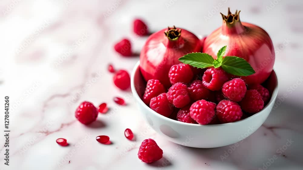 Fresh raspberries and ripe onions arranged in a bowl on a marble countertop Fresh raspberries and ripe onions arranged in a bowl on a marble countertop