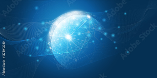 Abstract Dark Blue Futuristic Glowing Global Virtual Network Structure and Telecommunications Design Concept, Polygonal Connections with Transparent Wavy Geometric Polygonal Mesh, Vector Illustration