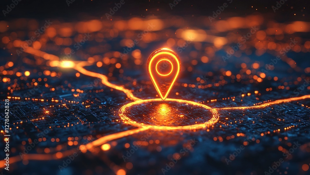 Glowing Location Pin Illuminates Futuristic Cityscape Network, Navigation System's Visual Guide for Urban Exploration Glowing Location Pin Illuminates Futuristic Cityscape Network, Navigation System's Visual Guide for Urban Exploration