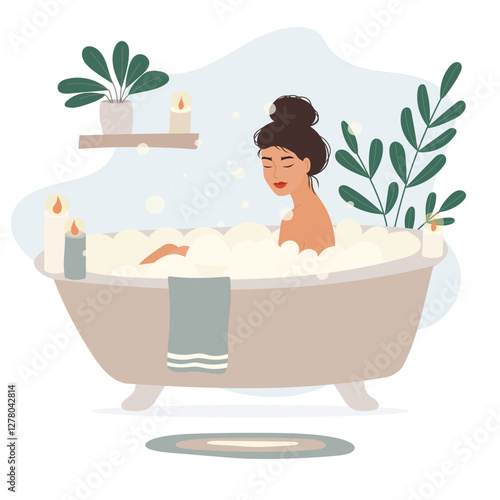 Vector illustration of a woman taking a bath in a freestanding bathtub filled with foam. The scene includes candles, green plants, and a towel hanging on the side of the tub. Minimalist and modern