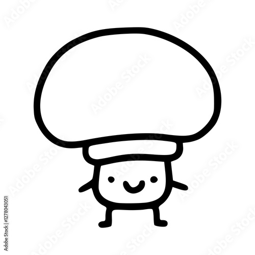 a black and white drawing of a cartoon mushroom with smiling face