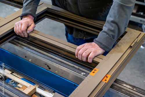 Technicien qui intervient sur une fenêtre en aluminium. Gros plan sur les mains posées sur la fenêtre.