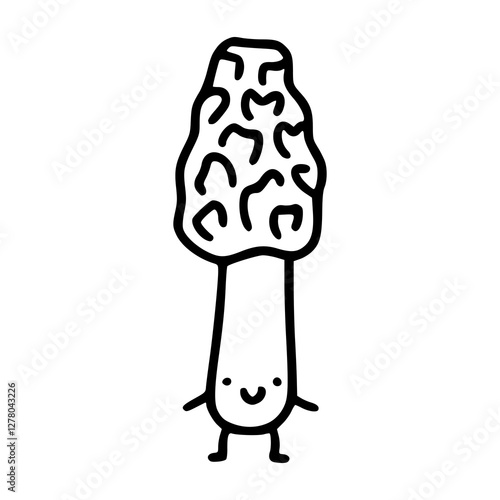 a black and white drawing of a cartoon mushroom with smiling face