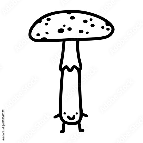 a black and white drawing of a cartoon mushroom with smiling face