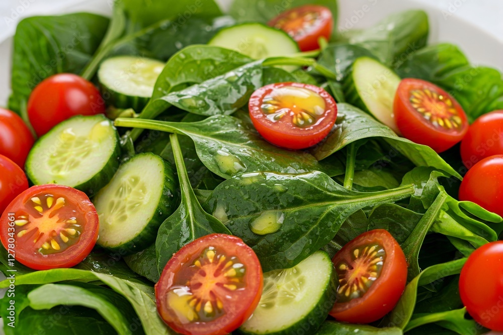 Vibrant salad with mixed greens, cherry tomatoes, cucumbers, and a light vinaigrette.