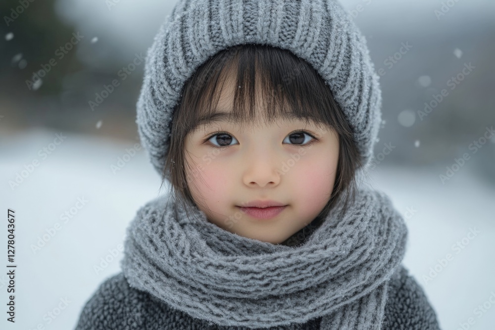 Young child stands in snowy landscape wearing a warm hat and scarf during a winter day in a peaceful setting Young child stands in snowy landscape wearing a warm hat and scarf during a winter day in a peaceful setting