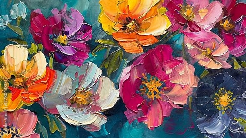 Vibrant oil painted flowers with expressive brushstrokes and rich textural detail