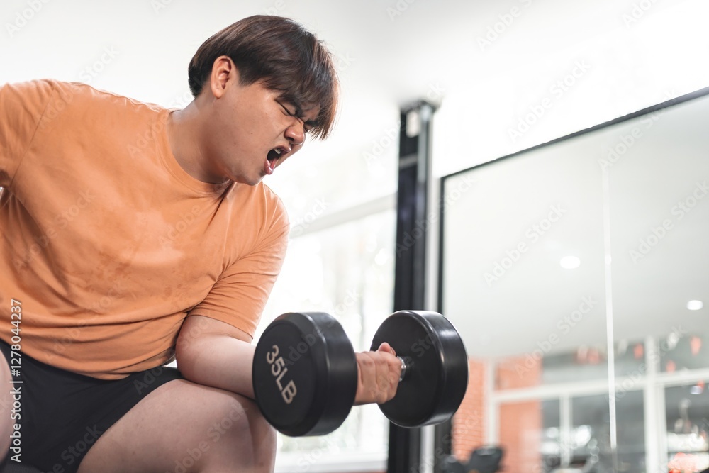 Overweight man exercising in gym tired yet determined indoor workout fitness journey Overweight man exercising in gym tired yet determined indoor workout fitness journey
