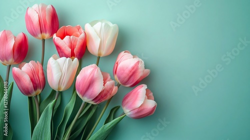 Elegant tulips in pink and white create a serene and fresh atmosphere, perfect for Women's Day, greeting cards, or spring celebrations with ample copy space.