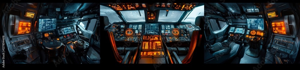 Obraz premium Futuristic Cockpit Triple-Screen Control Panel, Night Flight