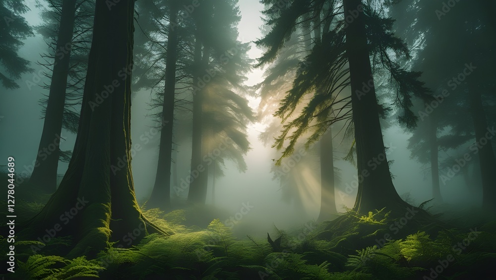 Fototapeta premium Enchanted Forest: Sunbeams Through Misty Pines