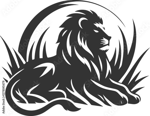 A lion crouching low in the grass