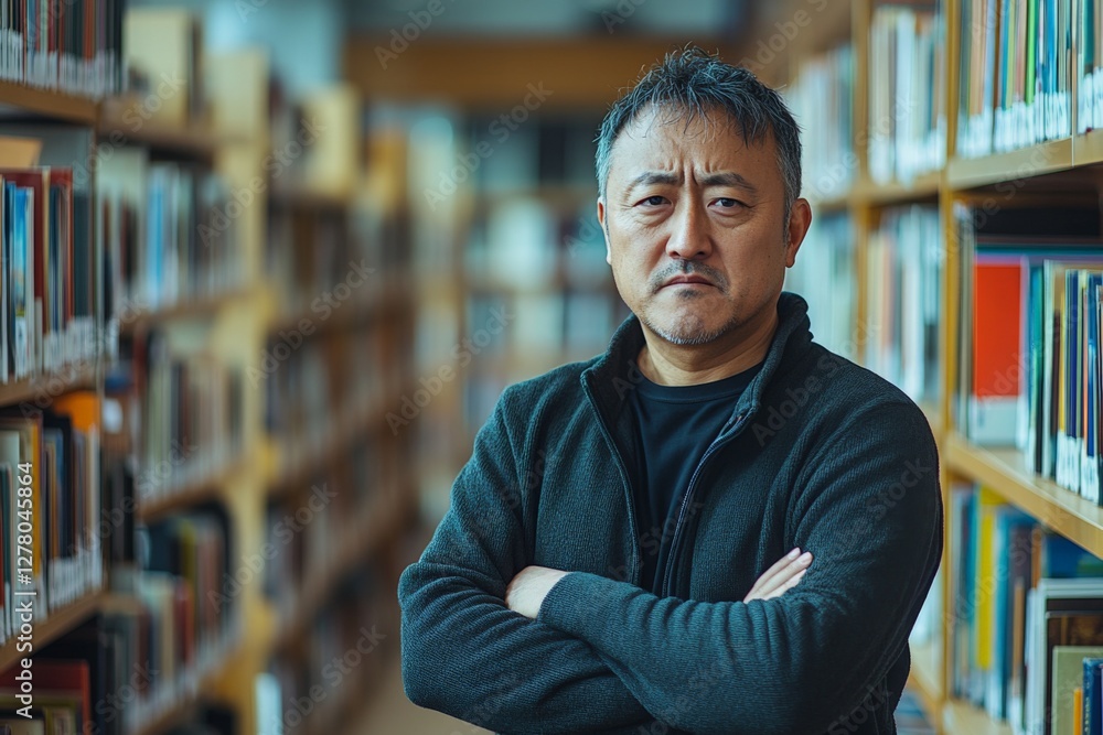 Serious man standing confidently among bookshelves in a library during the day Serious man standing confidently among bookshelves in a library during the day