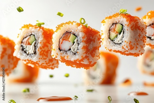 Delicious California roll sushi in mid-air, showcasing vibrant ingredients and textures; perfect for culinary or restaurant websites. photo
