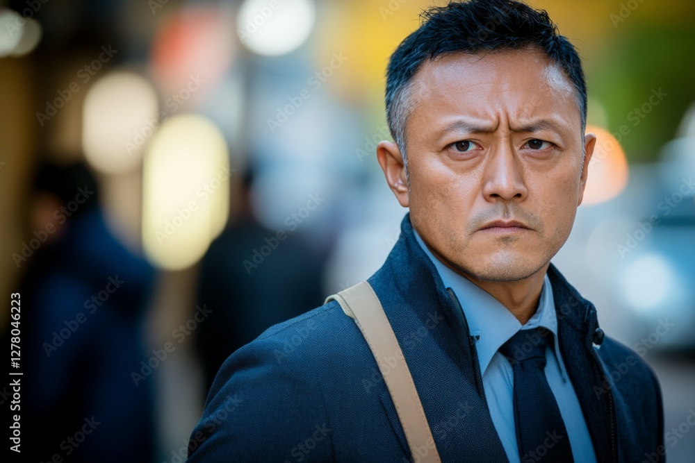 Man in formal attire stands confidently on a busy city street during the day while looking seriously at the camera Man in formal attire stands confidently on a busy city street during the day while looking seriously at the camera