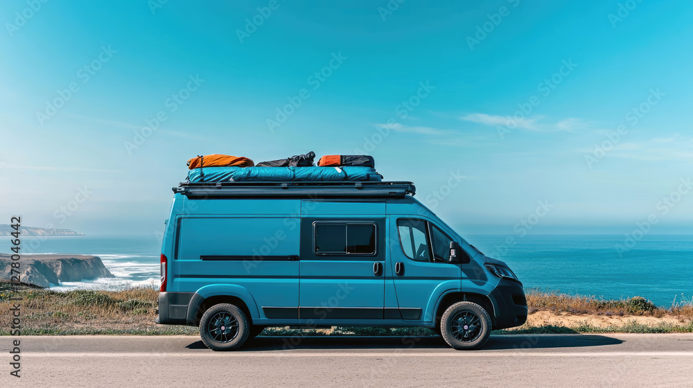 Blue camper van parked by the ocean on a sunny day near a scenic coastal road Blue camper van parked by the ocean on a sunny day near a scenic coastal road