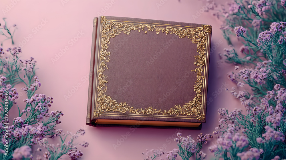 Naklejka premium Elegant book with ornate cover and delicate purple flowers on a pastel background.