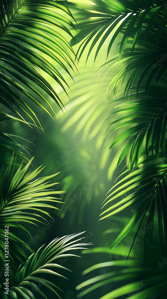 Obraz premium Lush tropical paradise. Vibrant palm leaves frame a soft, sunlit background, creating a serene and inviting atmosphere.